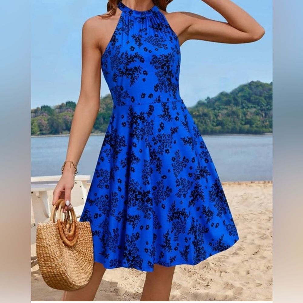 Royal blue and black ditsy floral print halter dress size large NWT